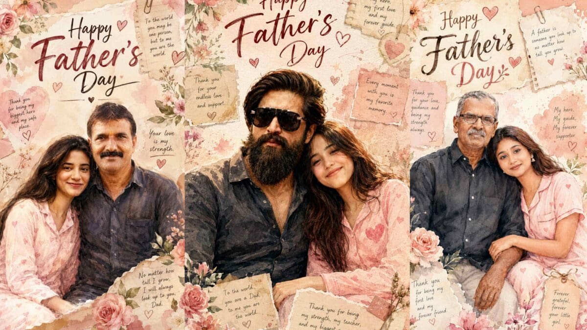 Father's Day AI Photo Editing Prompt featuring a loving father and daughter in a watercolor greeting card style with floral decorations.